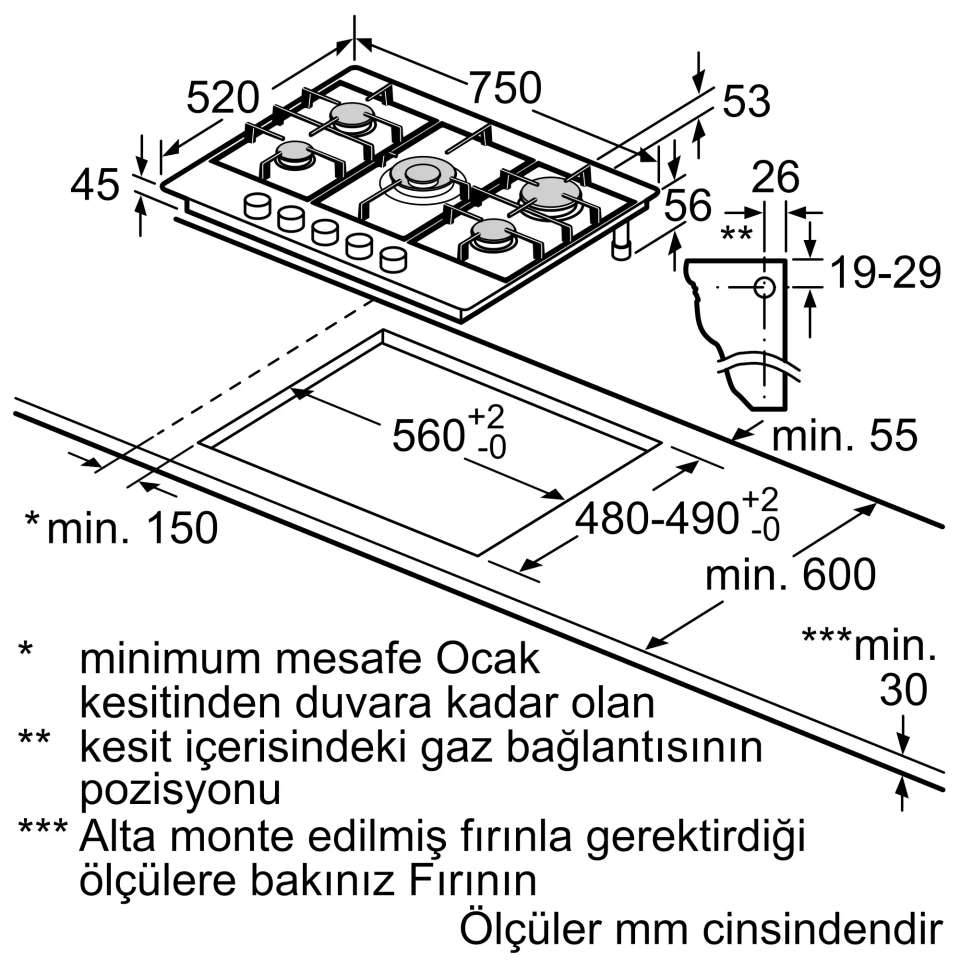 Bosch PCQ7A5M90 Gazlı Ocak 75 cm Paslanmaz çelik