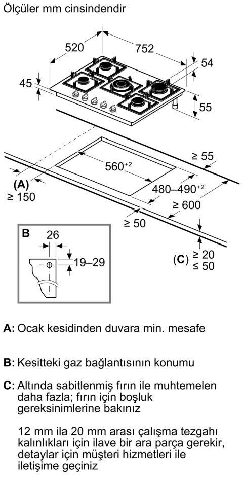Bosch PNQ7B6P31O Gazlı Ocak 75 cm Sert cam, Siyah