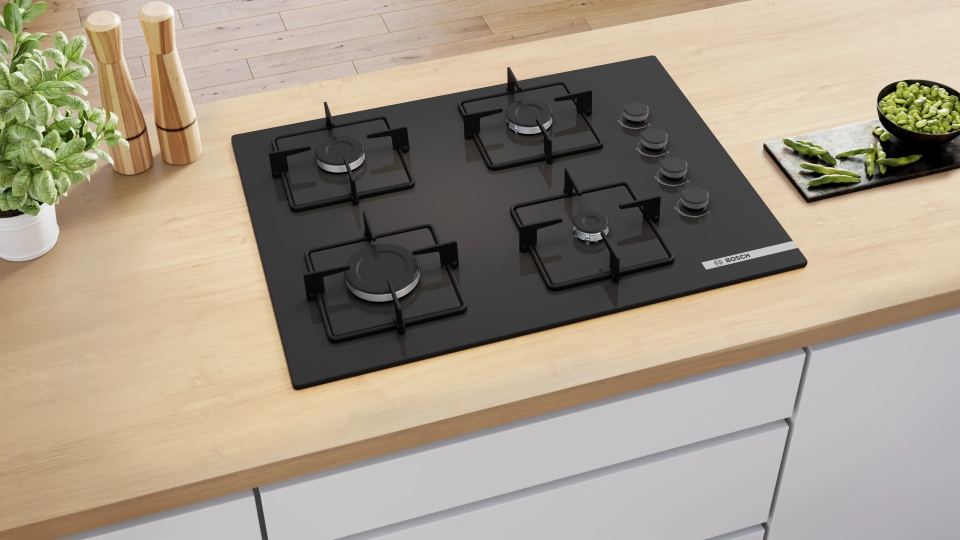 Bosch POP7C6P30O Gazlı Ocak 67 cm Sert cam, Siyah