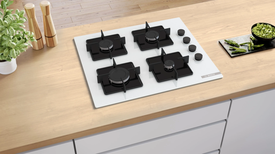 Bosch POP6C2P31O Gazlı Ocak 60 cm Sert cam, Beyaz