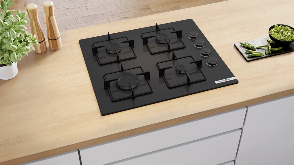 Bosch POP6C6P30O Gazlı Ocak 60 cm Sert cam, Siyah