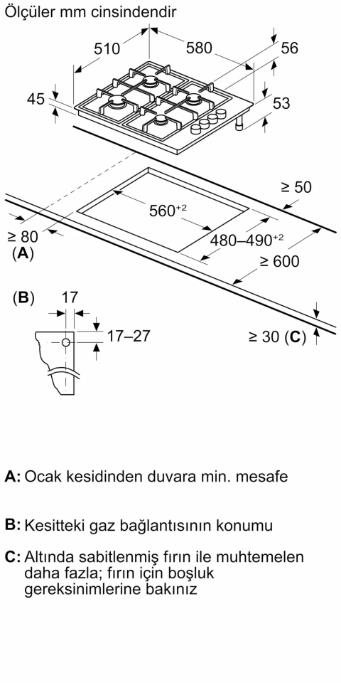Bosch PBP6C2B82O  Gazlı Ocak 60 cm Emaye, Beyaz