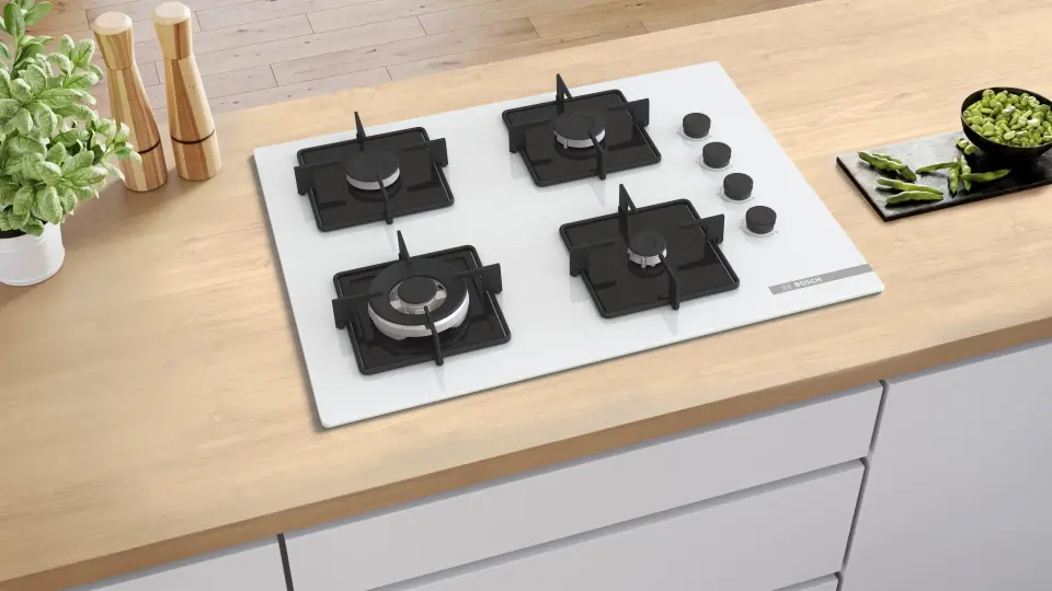 Bosch POH7C2P31O Gazlı Ocak 67 cm Sert cam, Beyaz
